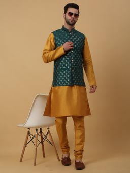 Kraft India - Men Mustard Kurta & Churidar with Embroidered Green Nehru Jacket (Set of 3)