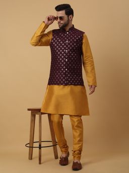 Kraft India - Men Mustard Kurta & Churidar with Embroidered Maroon Nehru Jacket (Set of 3)