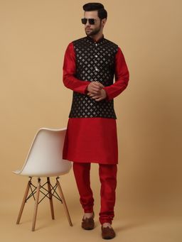 Kraft India - Men Maroon Kurta & Churidar with Embroidered Black Nehru Jacket (Set of 3)
