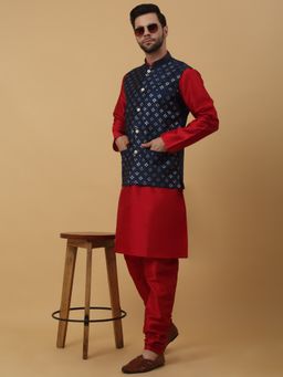 Kraft India - Men Maroon Kurta & Churidar with Sequenced Embroidered Blue Nehru Jacket (Set of 3)