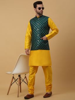Kraft India - Men Yellow Kurta & Churidar with Embroidered Green Nehru Jacket (Set of 3)