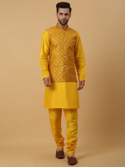 Kraft India - Men Yellow Kurta & Churidar with Embroidered Mustard Nehru Jacket (Set of 3)