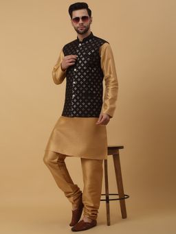 Kraft India - Men Gold Toned Kurta & Churidar with Embroidered Black Nehru Jacket (Set of 3)