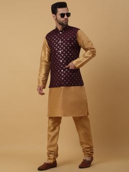 Kraft India - Men Gold Toned Kurta & Churidar with Embroidered Maroon Nehru Jacket (Set of 3)