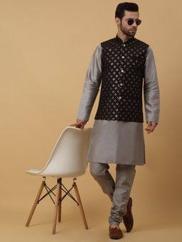 Kraft India - Men Grey Kurta & Churidar with Sequenced Embroidered Black Nehru Jacket (Set of 3)