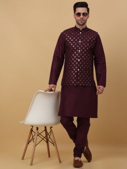 Kraft India - Men Purple Kurta & Churidar with Embroidered Maroon Nehru Jacket (Set of 3)