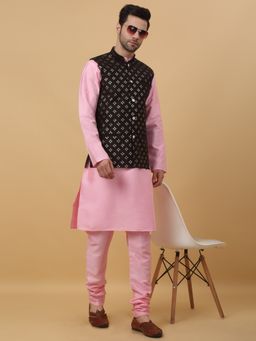 Kraft India - Men Pink Kurta & Churidar with Sequenced Embroidered Black Nehru Jacket (Set of 3)