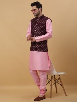 Kraft India - Men Pink Kurta & Churidar with Sequenced Embroidered Maroon Nehru Jacket (Set of 3)