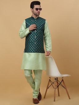 Kraft India - Men Sea Green Kurta & Churidar with Embroidered Green Nehru Jacket (Set of 3)