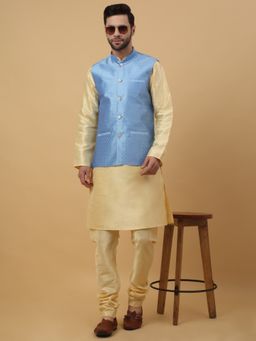 Kraft India - Men Beige Kurta & Churidar with Sky Blue Nehru Jacket (Set of 3)