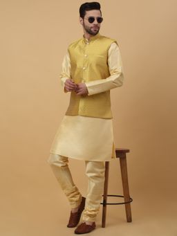 Kraft India - Men Beige Kurta & Churidar with Yellow Nehru Jacket (Set of 3)
