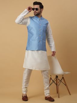 Kraft India - Men Cream Kurta & Churidar with Sky Blue Nehru Jacket (Set of 3)