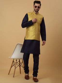Kraft India - Men Navy Blue Kurta & Churidar with Yellow Nehru Jacket (Set of 3)