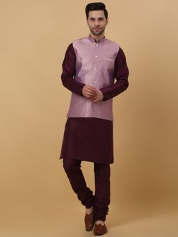 Kraft India - Men Wine Kurta & Churidar with Mauve Nehru Jacket (Set of 3)