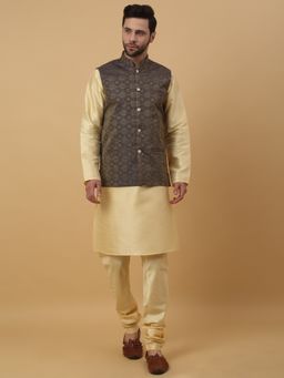 Kraft India - Men Beige Kurta & Churidar with Jacquard Blue Nehru Jacket (Set of 3)