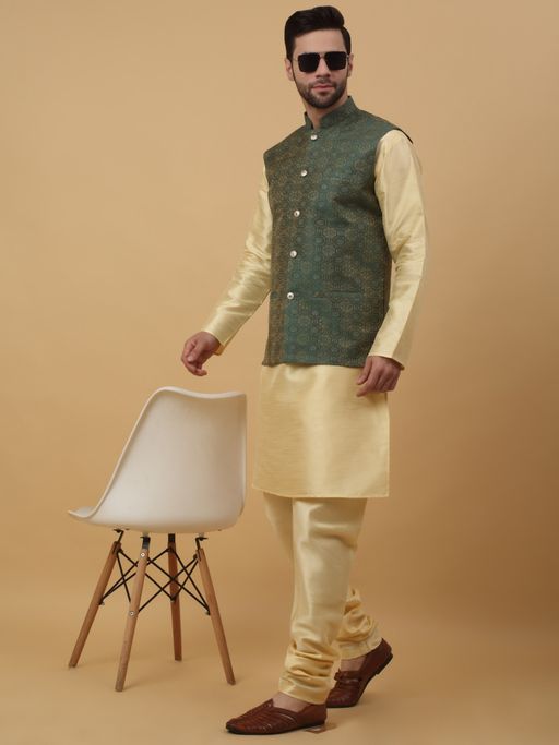 Kraft India Men Beige Kurta & Churidar with Jacquard Green Nehru Jacket (Set of 3)
