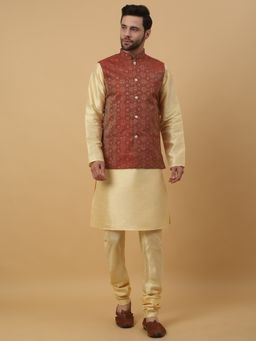 Kraft India - Men Beige Kurta & Churidar with Jacquard Maroon Nehru Jacket (Set of 3)