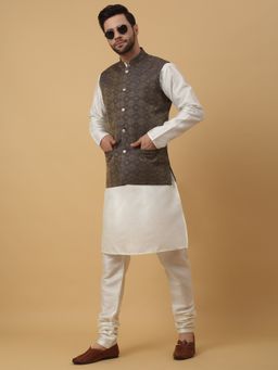 Kraft India - Men Cream Kurta & Churidar with Jacquard Blue Nehru Jacket (Set of 3)