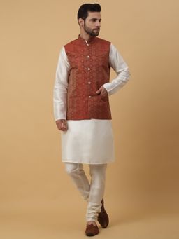 Kraft India - Men Cream Kurta & Churidar with Jacquard Maroon Nehru Jacket (Set of 3)