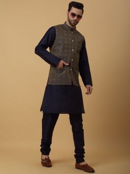 Kraft India - Men Navy Blue Kurta & Churidar with Jacquard Blue Nehru Jacket (Set of 3)