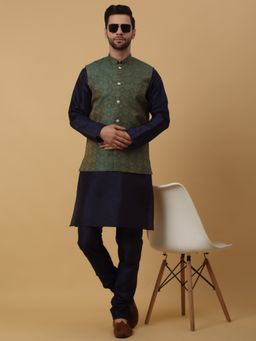 Kraft India - Men Navy Blue Kurta & Churidar with Jacquard Green Nehru Jacket (Set of 3)