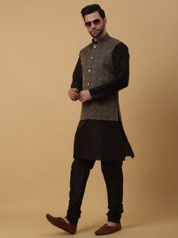 Kraft India - Men Black Kurta & Churidar with Jacquard Blue Nehru Jacket (Set of 3)