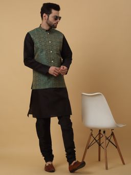 Kraft India - Men Black Kurta & Churidar with Jacquard Green Nehru Jacket (Set of 3)