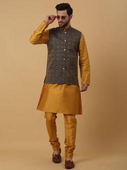 Kraft India - Men Mustard Kurta & Churidar with Jacquard Blue Nehru Jacket (Set of 3)