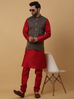 Kraft India - Men Maroon Kurta & Churidar with Jacquard Blue Nehru Jacket (Set of 3)