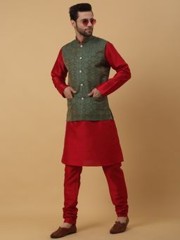 Kraft India - Men Maroon Kurta & Churidar with Jacquard Green Nehru Jacket (Set of 3)