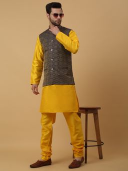 Kraft India - Men Yellow Kurta & Churidar with Jacquard Blue Nehru Jacket (Set of 3)
