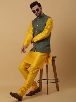 Kraft India - Men Yellow Kurta & Churidar with Jacquard Green Nehru Jacket (Set of 3)