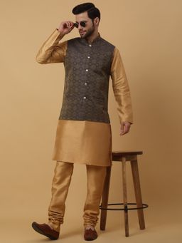 Kraft India - Men Gold-Toned Kurta & Churidar with Jacquard Blue Nehru Jacket (Set of 3)