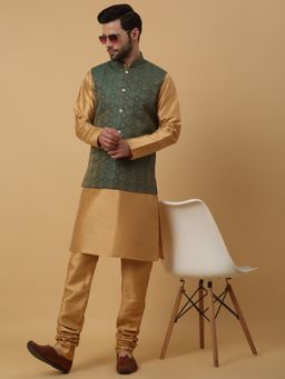 Kraft India - Men Gold-Toned Kurta & Churidar with Jacquard Green Nehru Jacket (Set of 3)