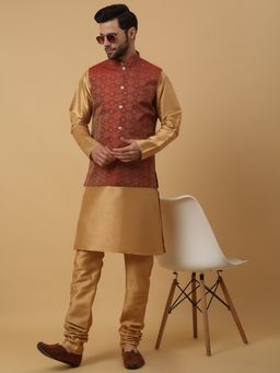 Kraft India - Men Gold-Toned Kurta & Churidar with Jacquard Maroon Nehru Jacket (Set of 3)
