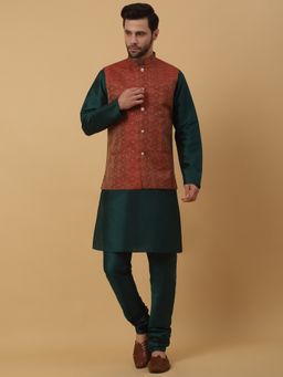 Kraft India - Men Green Kurta & Churidar with Jacquard Maroon Nehru Jacket (Set of 3)