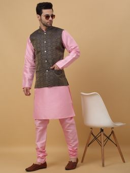 Kraft India - Men Pink Kurta & Churidar with Jacquard Blue Nehru Jacket (Set of 3)