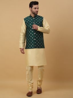 Kraft India - Men Beige Kurta & Churidar with Jacquard Green Nehru Jacket (Set of 3)