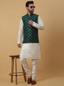 Kraft India - Men Cream Kurta & Churidar with Jacquard Green Nehru Jacket (Set of 3)