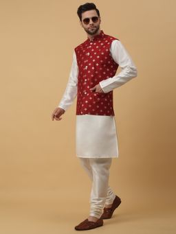Kraft India - Men Cream Kurta & Churidar with Jacquard Red Nehru Jacket (Set of 3)