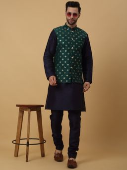 Kraft India - Men Navy Blue Kurta & Churidar with Jacquard Green Nehru Jacket (Set of 3)