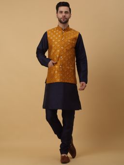 Kraft India - Men Navy Blue Kurta & Churidar with Jacquard Yellow Nehru Jacket (Set of 3)