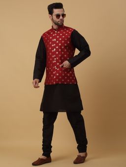 Kraft India - Men Black Kurta & Churidar with Jacquard Red Nehru Jacket (Set of 3)