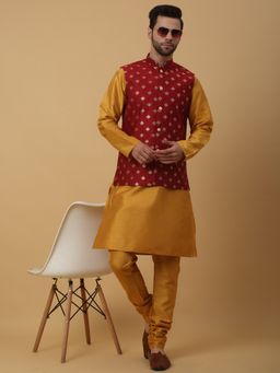 Kraft India - Men Mustard Kurta & Churidar with Jacquard Red Nehru Jacket (Set of 3)