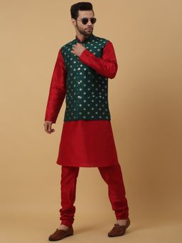 Kraft India - Men Maroon Kurta & Churidar with Jacquard Green Nehru Jacket (Set of 3)