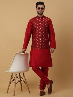 Kraft India - Men Maroon Kurta & Churidar with Jacquard Red Nehru Jacket (Set of 3)