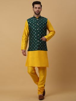 Kraft India - Men Yellow Kurta & Churidar with Jacquard Green Nehru Jacket (Set of 3)