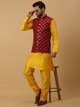 Kraft India - Men Yellow Kurta & Churidar with Jacquard Red Nehru Jacket (Set of 3)