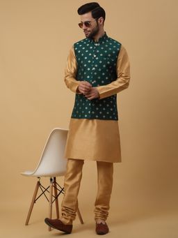 Kraft India - Men Yellow Kurta & Churidar with Jacquard Green Nehru Jacket (Set of 3)