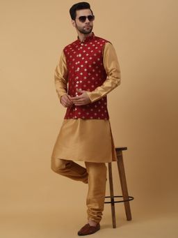 Kraft India - Men Yellow Kurta & Churidar with Jacquard Red Nehru Jacket (Set of 3)